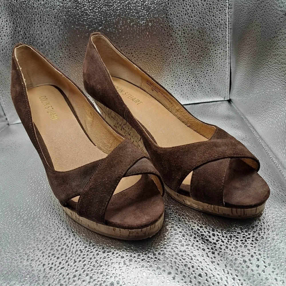 COLIN Stuart Brown Suede Open Toe Wedges Women's Size 10B